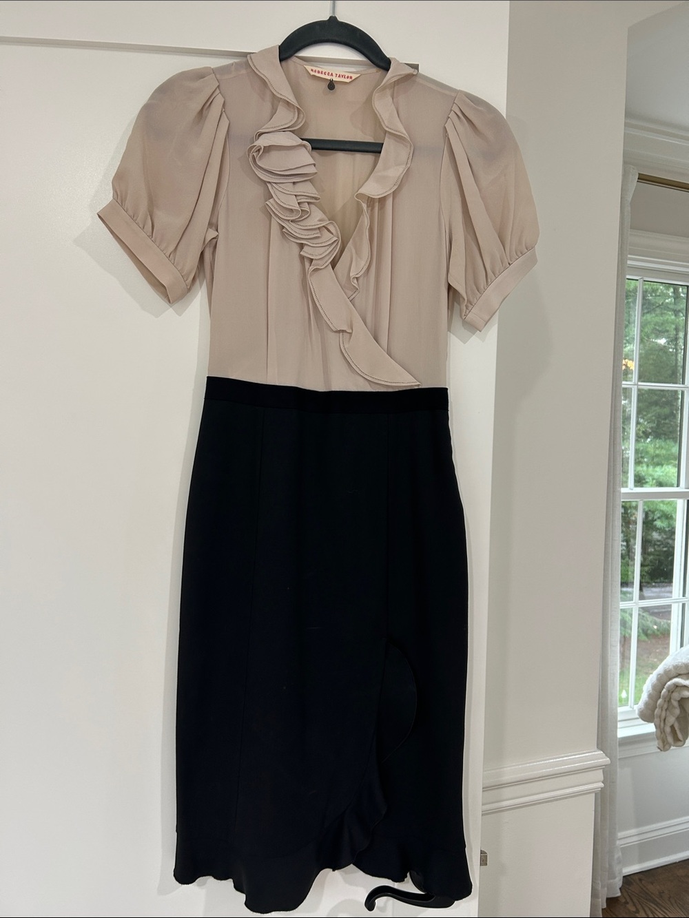 Rebecca Taylor Beige and Black Ruffle-Trim Midi Dress
